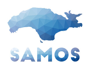 Low poly map of Samos. Geometric illustration of the island. Samos polygonal map. Technology, internet, network concept. Vector illustration.