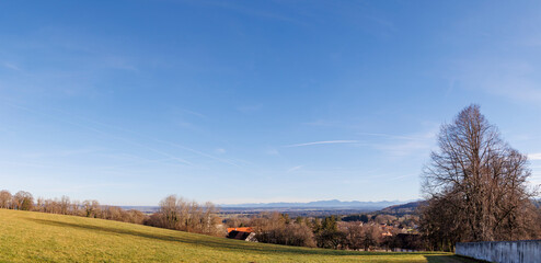 View from the cemetery in Wessobrunn in Bavaria to the town and the monastery