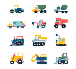 Set of Cute Construction trucks and cars. funny car for fabric, textile