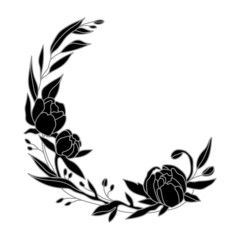 Floral wreath on white background. Monochrome peony wreath