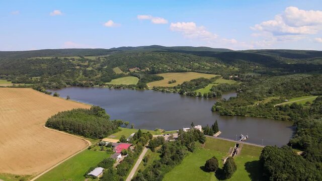 Aerial view of the Lipovina reservoir in the village of Batovce in Slovakia