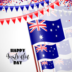 Happy Australia day 26 january festive background with flag, balloon, confetti, ribbon with national colors. Blue, red, white. Template design layout for card, banner, poster, flyer, card. Union jack