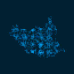 South Sudan dotted glowing map. Shape of the country with blue bright bulbs. Vector illustration.