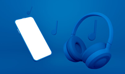 3D Rendering smartphone with a white blank screen, blue headphones and melody sign. Mockup on blue background.