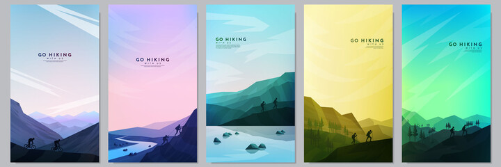 Fototapeta Vector illustration. Travel concept of discovering, exploring and observing nature. Hiking. Adventure tourism. Minimalist graphic flyers. Polygonal flat design for gift voucher, coupon, wallpapers obraz