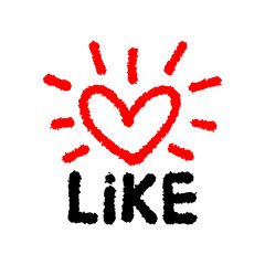 Red heart and black word Like. Inky contour linear grunge drawing. Front view. Vector simple flat graphic hand drawn illustration. The isolated object on a white background. Isolate.