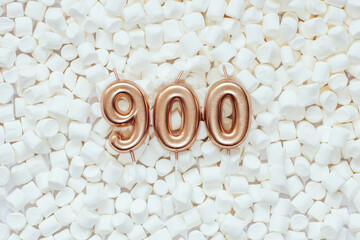 900 followers card. Template for social networks, blogs. Background with white marshmallows. Social media celebration banner. 900 online community fans. Nine hundred subscriber