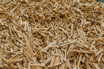Stacked wood in the sawmill close up