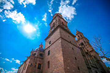 Beautiful view of the Colonial Cathedral of Morelia in Michoacan, Mexico, sunny day