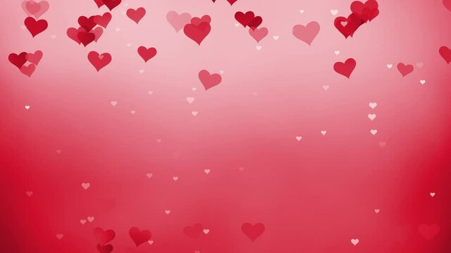 Red hearts slow motion flying, copy space loop animation background.