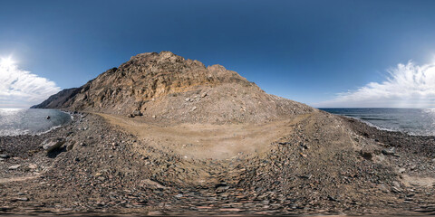 full seamless spherical hdr 360 panorama view on coast of sea high in sandy mountains with awesome clouds in equirectangular projection, ready for VR AR virtual reality