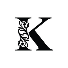 letter K. Black flower alphabet. Beautiful capital letters.	
