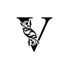 letter V. Black flower alphabet. Beautiful capital letters.	
