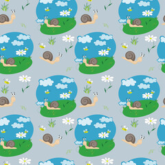 Seamless pattern with a glade: snail, flowers, grass, clouds, sky. Illustration for kids. Vecror graphics
