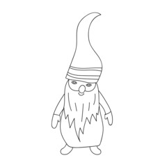 Christmas gnome. Vector Illustration, Scandinavian nordic cute cartoon character. Coloring page graphic element.