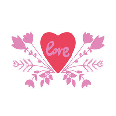 Valentine heart illustration with floral elements and word Love.