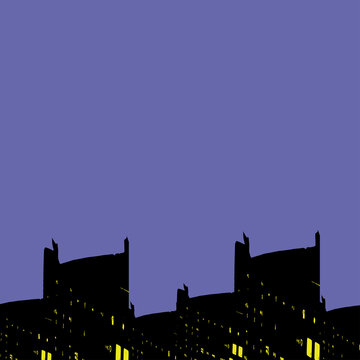 Sunset cityscape. Buildings on purple sky vackground. Vector illustration.