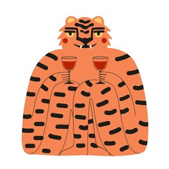 Vector illustration with funny cartoon style tiger and glasses of red wine. Trendy celebration print design with symbol of new year 2022, funny party template poster