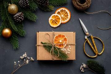 Christmas present and gifts background frame with pine tree