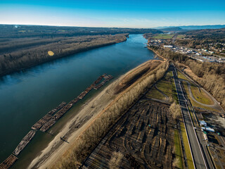 Stock Aerial Photo of Fraser River and Mission BC, Canada