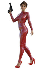 futuristic woman in a Red uniform and shoes, armed with gun, 3d illustration