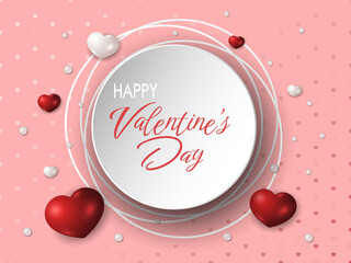 Valentine's Day vector banner. White round frames, red and white realistic glossy hearts and pearls on soft pink background. Volumetric, trendy design. Best for polygraphy, print and web.