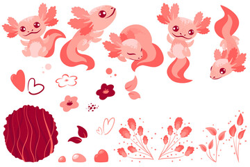 A set of cute pink cartoon axolotls with seaweeds, hearts, flowers, aquatic animals, amphibians.Vector illustrations with cute characters with different emotions and poses