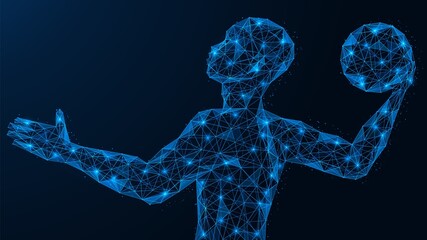 Basketball player. An athlete throwing a ball. Polygonal construction of interconnected elements. Blue background.