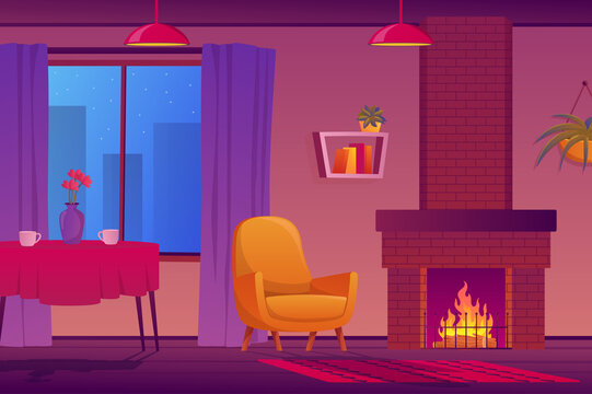 Living room with fireplace interior concept in flat cartoon design. Apartment view with fireplace, armchair, table with cups, window with curtains, bookshelf, decor. Illustration background