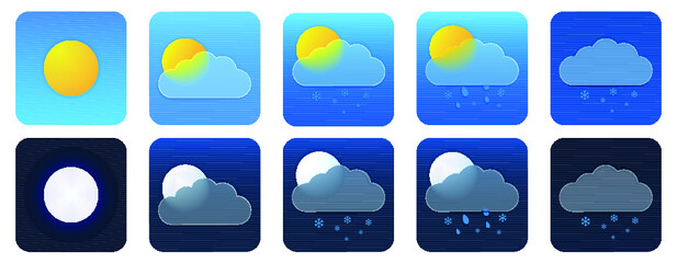 Vector drawing. Set of weather icons in the style of glass morphism.
