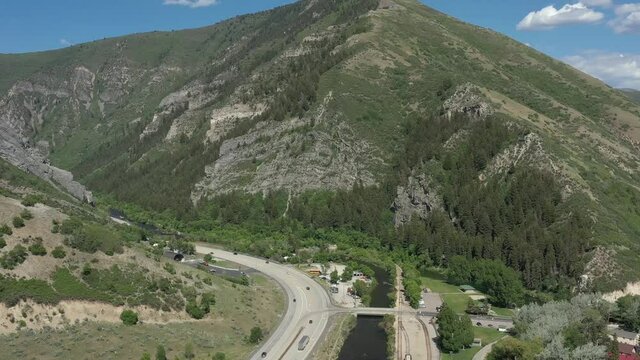 Aerial drone shot of Vivian Park in Provo Canyon with highway in Utah summer