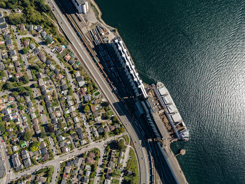 Stock Aerial Photo Of Grain Shipping Terminal North Vancouver, Canada