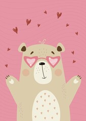 Cute happy enamored bear in glasses with hearts on pink decorative background. Vector illustration. Valentine vertical poster For design, room decor, valentines day greeting cards, kids collection