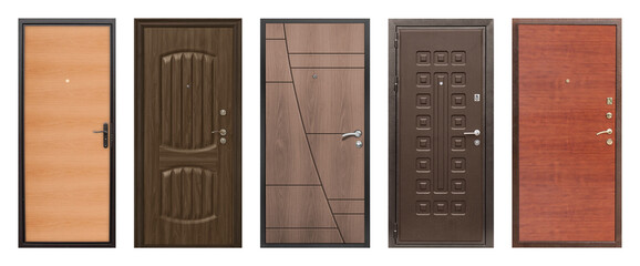 Set of models of entrance metal doors isolated on white background