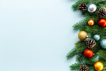 Christmas tree with baubles and toys, frame for greeting card banner