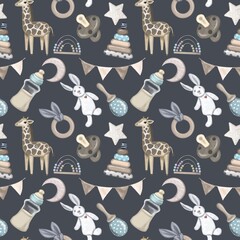 Watercolor seamless pattern for children. Children's toys, nipple, giraffe, bunny on a blue background. Baby shower