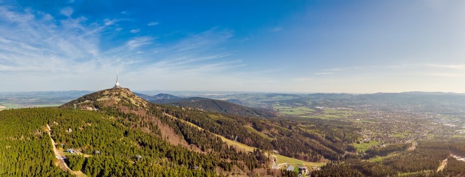 Spring day on Jested, transmitter tower in sunrise time. Aerial shot