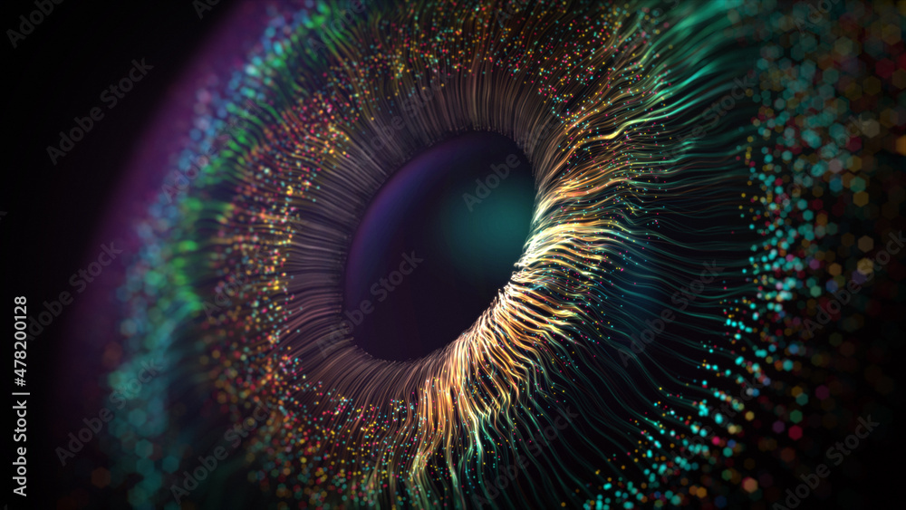 Wall mural human multicolored iris of the eye animation concept. rainbow lines after a flash scatter out of a b