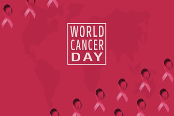 Red ribbons pattern on purple background symbol 4 february World Cancer Day