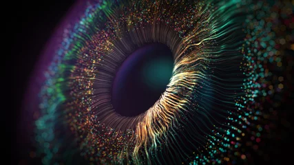 Foto op Plexiglas Menselijke veelkleurige iris van het oog animatie concept. Regenbooglijnen na een flits verspreiden zich uit een helderwitte cirkel en vormen een volumetrisch menselijk oog, iris en pupil. 3D-renderingachtergrond in 4K © Ayesha