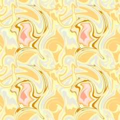 Abstract marbling seamless pattern. Psychedelic liquid fluid background in yellow, gold, orange, pink and grey. Marbled texture with waves and whirlpools