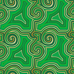 Abstract green and gold seamless pattern. Malachite, agate, chalcedony stone texture with colorful slices, waves and swirls. Decorative polished stone background