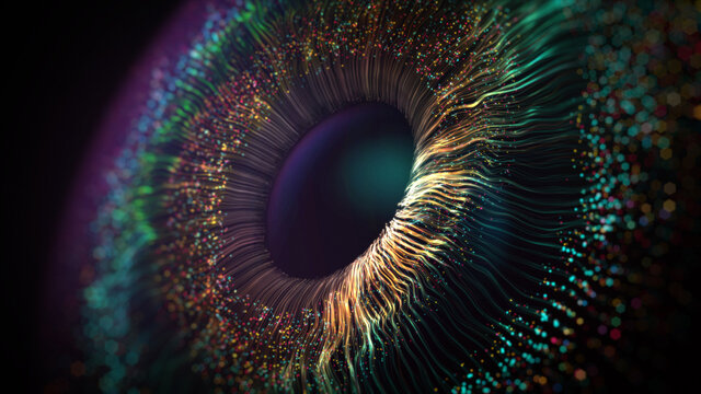 Human multicolored iris of the eye animation concept. Rainbow lines after a flash scatter out of a bright white circle and forming volumetric a human eye iris and pupil. 3d rendering background in 4K