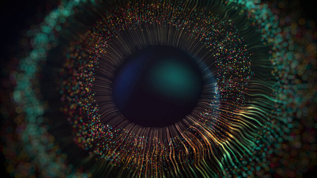 Golden colored human digital iris lines after a blast scattering out of a bright circle and forming volumetric human blue eye model. 3d rendering animated abstract background in 4K