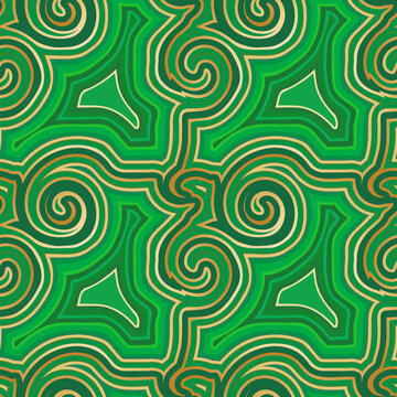 Abstract green and gold seamless pattern. Malachite, agate, chalcedony stone texture with colorful slices, waves and swirls. Decorative polished stone background