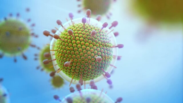 covid-19, Coronavirus, Paramyxovirus mumps , Close-up of virus under microscope. Realistic high quality medical 3d animation.
