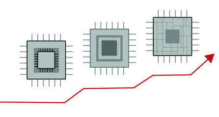 Vector showing semiconductor shortage, three chips with red arrow increasing showing high demand. Supply chain problems due to Covid-19. Business, computer, vehicle chips, processors. Global shortage.