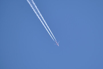 Distant passenger jet plane flying on high altitude on clear blue sky leaving white smoke trace of contrail behind. Air transportation concept