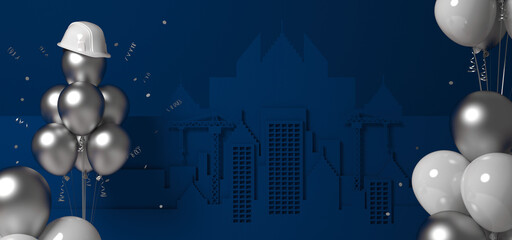 Air balloons with a protective helmet on a dark blue urban silhouette background. 3D render greeting card or banner template for the Builder's Day, Labor Day or a real estate company anniversary.