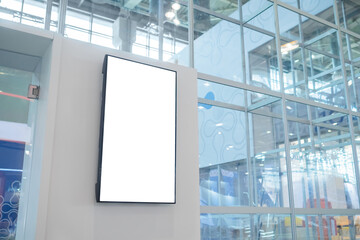 Vertical blank digital interactive white display wall at exhibition or museum with futuristic scifi...